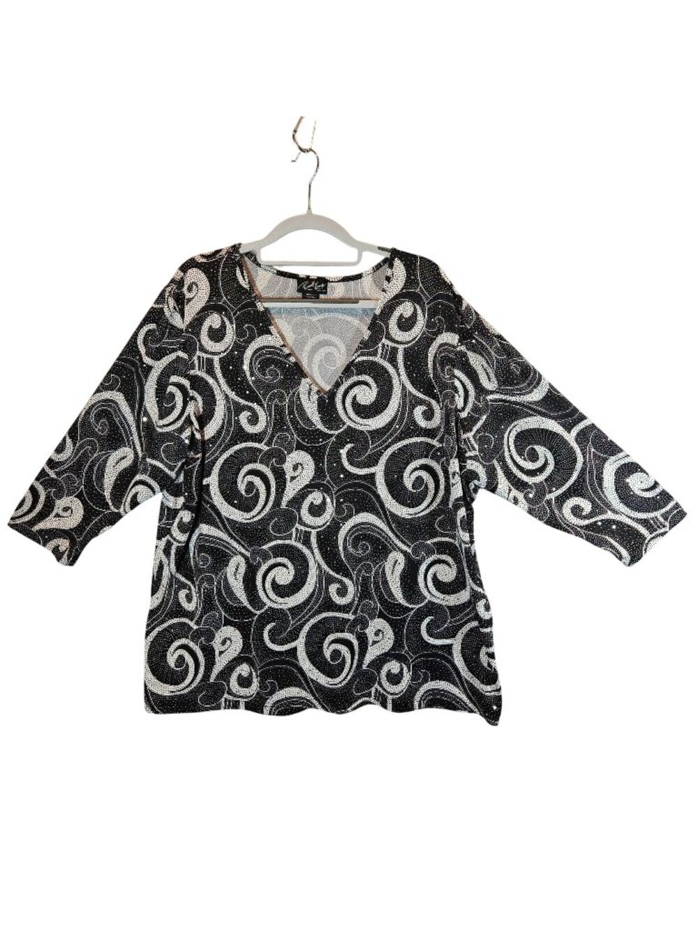 Russell Kemp Sparkly Swirl Pattern Top 3/4 Sleeve V-Neck Womens 2X career casual